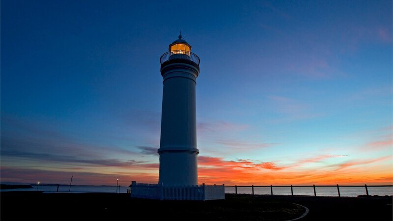 Lighthouse at Sunset — Blue, Serene, Photograph, Ocean, Sky