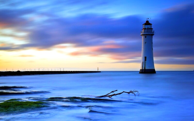 Lighthouse at Sunset — Blue, Serene, Photograph, Ocean