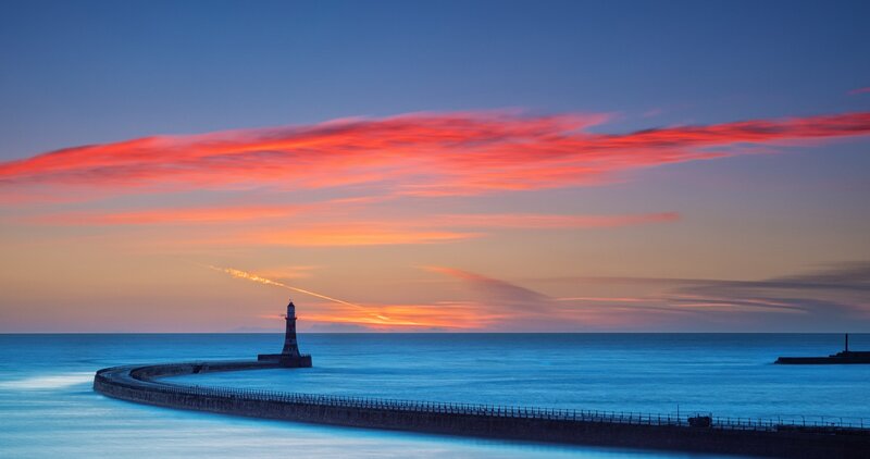 Lighthouse at Sunset — Blue, Serene, Photograph, Pier, Ocean