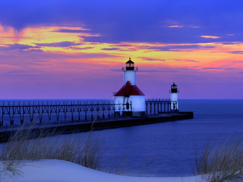 Lighthouse at Sunset — Blue, Serene, Photograph, Pier, Sky