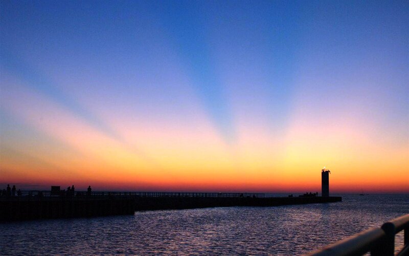 Lighthouse at Sunset — Blue, Serene, Photograph, Pier