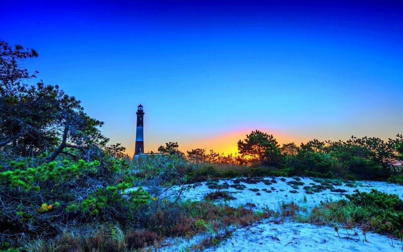 Lighthouse at Sunset — Blue, Serene, Photograph, Sand Dunes