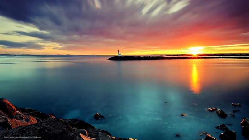 Lighthouse at Sunset — Blue, Serene, Photograph, Sea, Sky