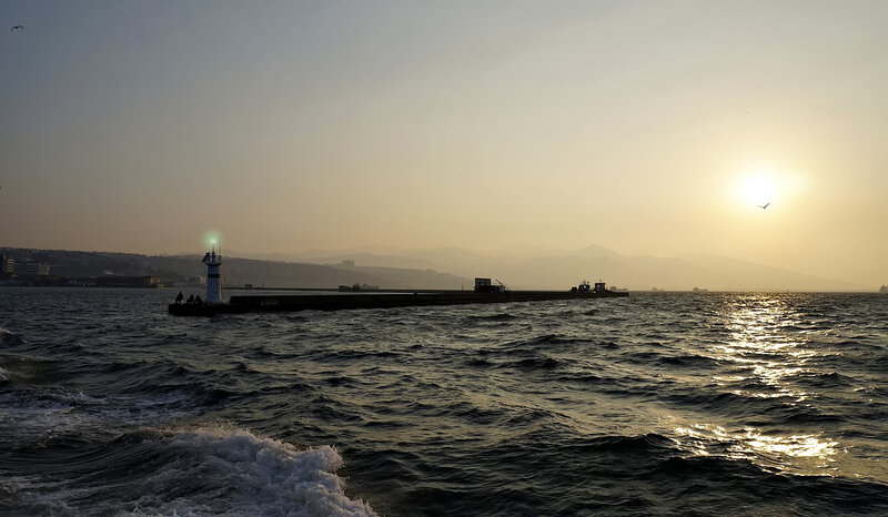Lighthouse at Sunset — Blue, Serene, Photograph, Sea