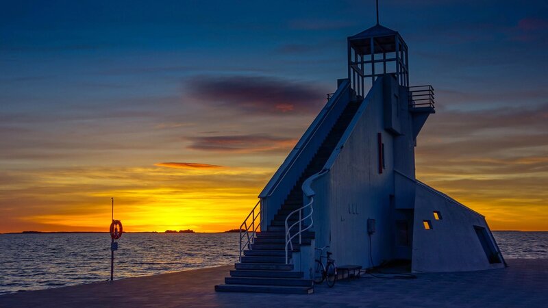 Lighthouse at Sunset — Blue, Serene, Photograph, Stairs