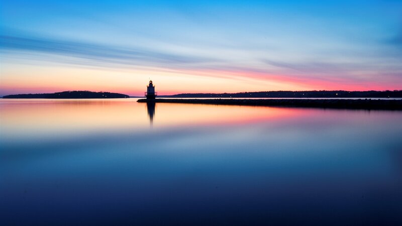 Lighthouse at Sunset — Blue, Serene, Photograph, Water, Sky
