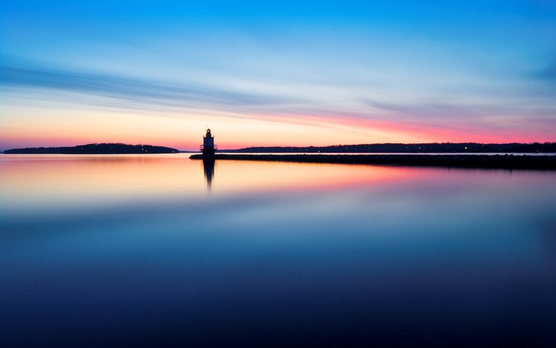 Lighthouse at Sunset — Blue, Serene, Photograph, Water