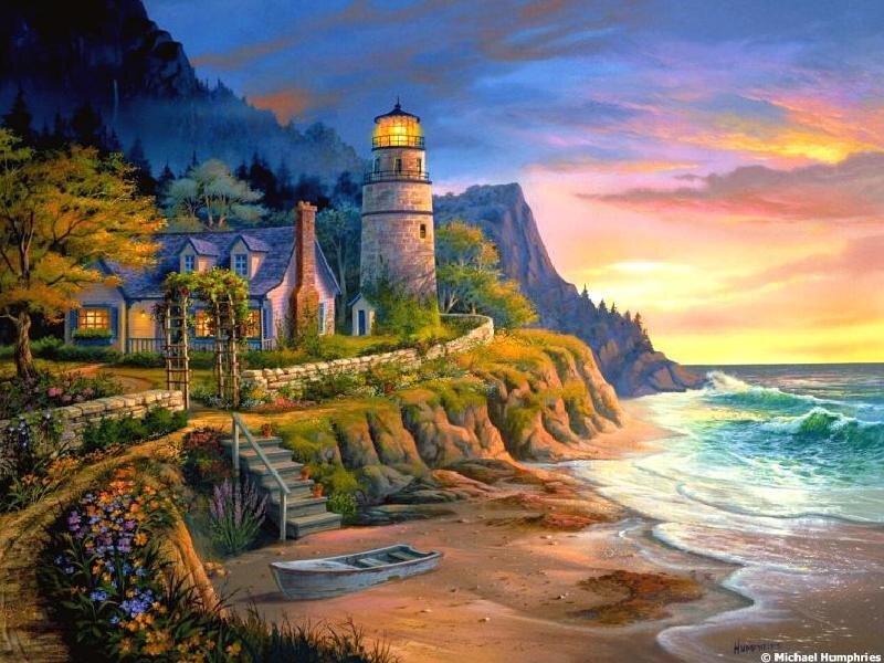 Lighthouse at sunset by the sea
