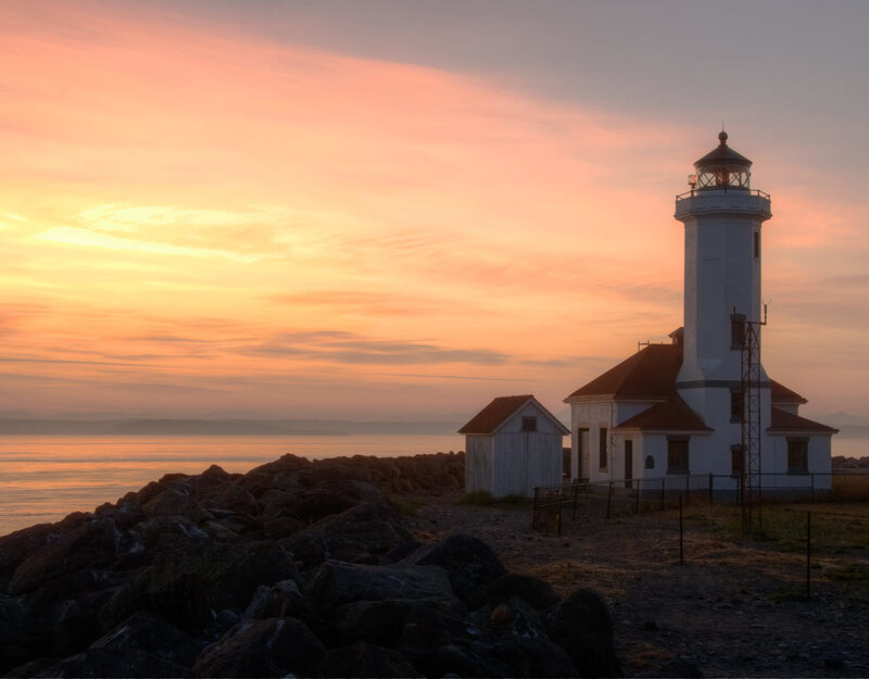 lighthouse at sunset by the sea