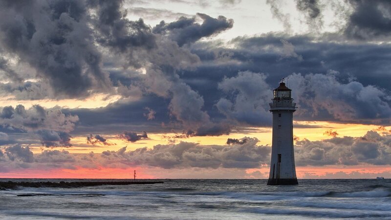 Lighthouse at Sunset — Gray, Dramatic