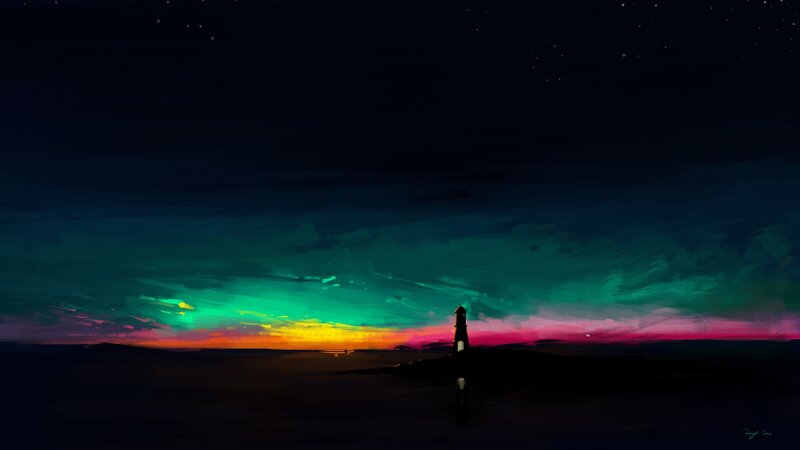 Lighthouse at Sunset — Green, Serene, Digital Art