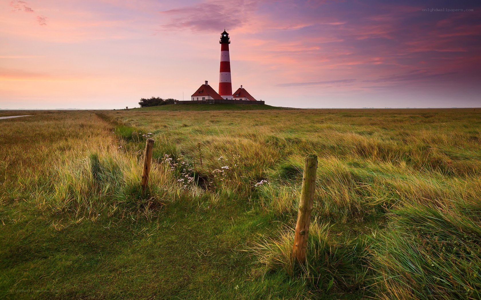 Lighthouse at sunset on a grassy field