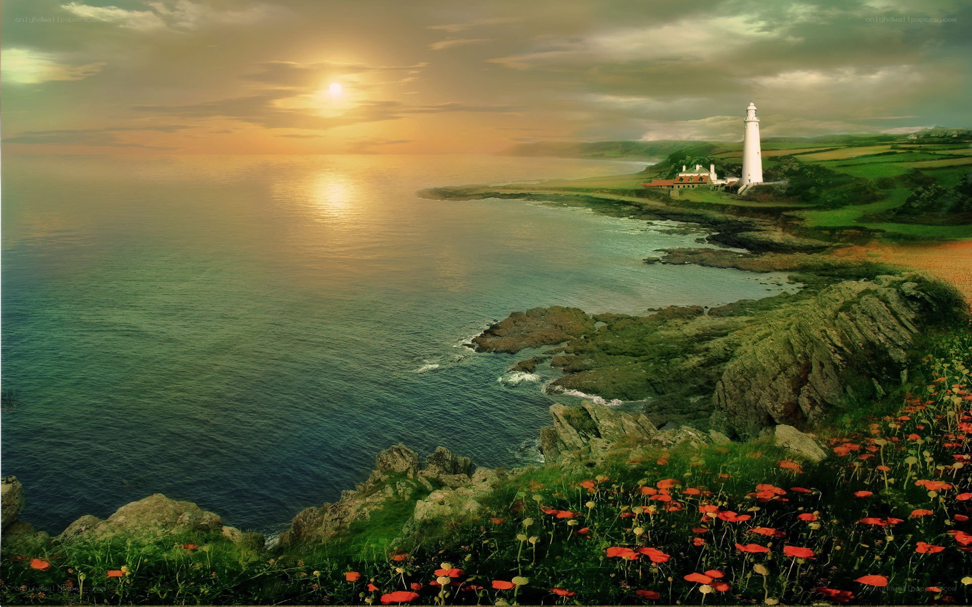 Lighthouse at sunset on coast
