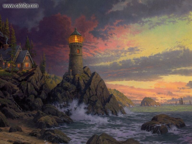Lighthouse at sunset on rocky coast