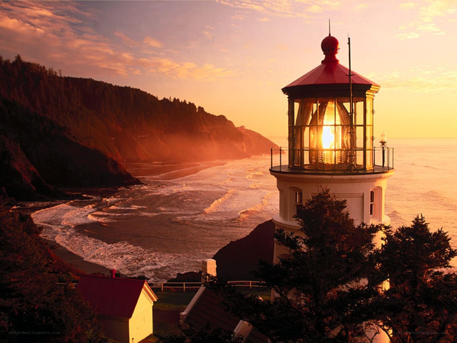 Lighthouse at sunset on the coast