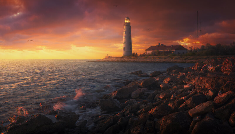 Lighthouse at Sunset — Orange, Dramatic, Digital Art, Ocean, Rocks