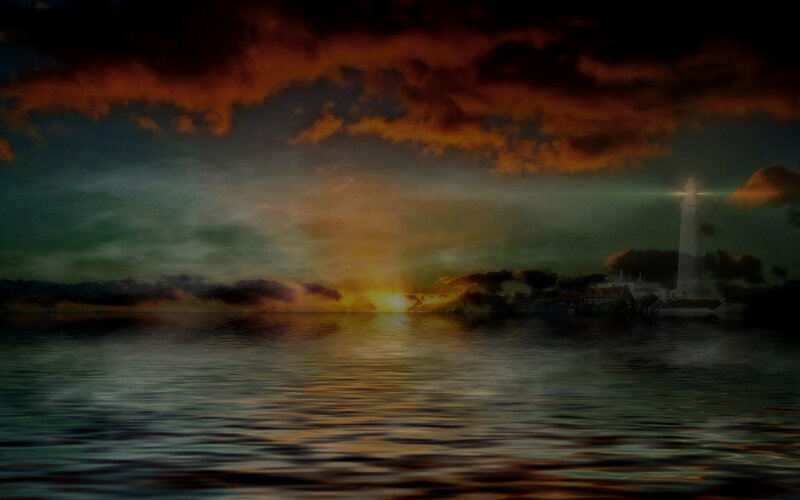 Lighthouse at Sunset — Orange, Dramatic, Digital Art, Sea