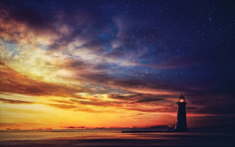Lighthouse at Sunset — Orange, Dramatic, Digital Art, Sky