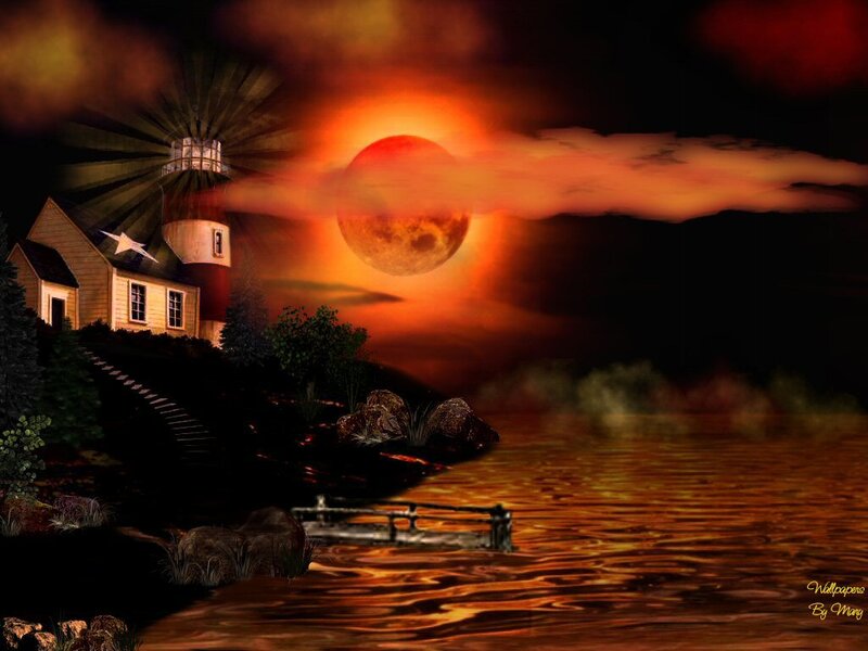 Lighthouse at Sunset — Orange, Dramatic, Digital Art