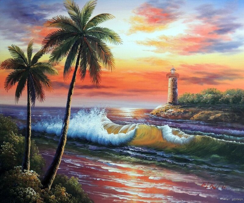 Lighthouse at Sunset — Orange, Dramatic, Painting, Palm Trees
