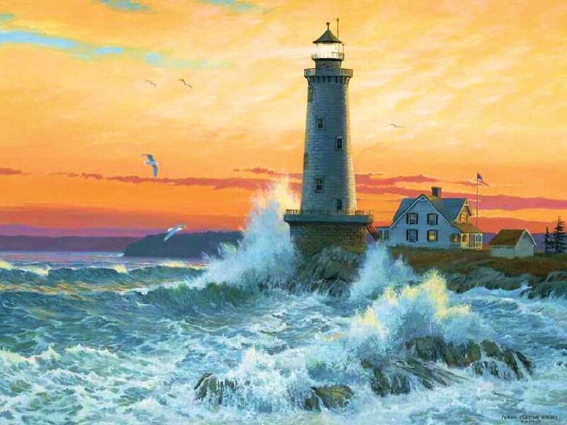 Lighthouse at Sunset — Orange, Dramatic, Painting, Seagulls