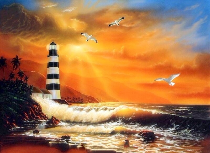 Lighthouse at Sunset — Orange, Dramatic, Painting, Seagulls, Waves