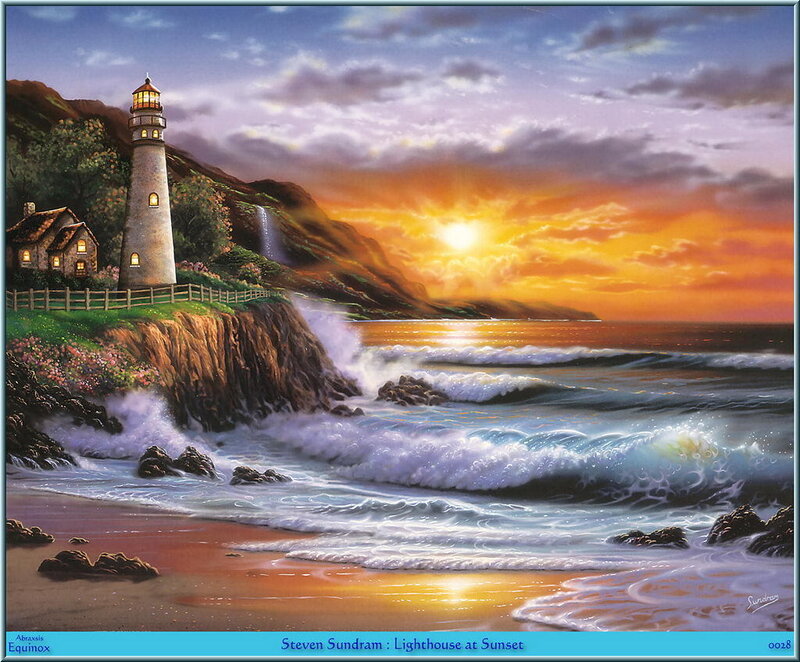 Lighthouse at Sunset — Orange, Dramatic, Painting
