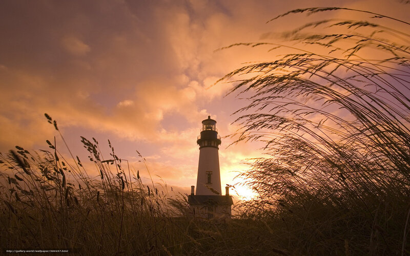 Lighthouse at Sunset — Orange, Dramatic, Photograph, Grass, Sky, Sun