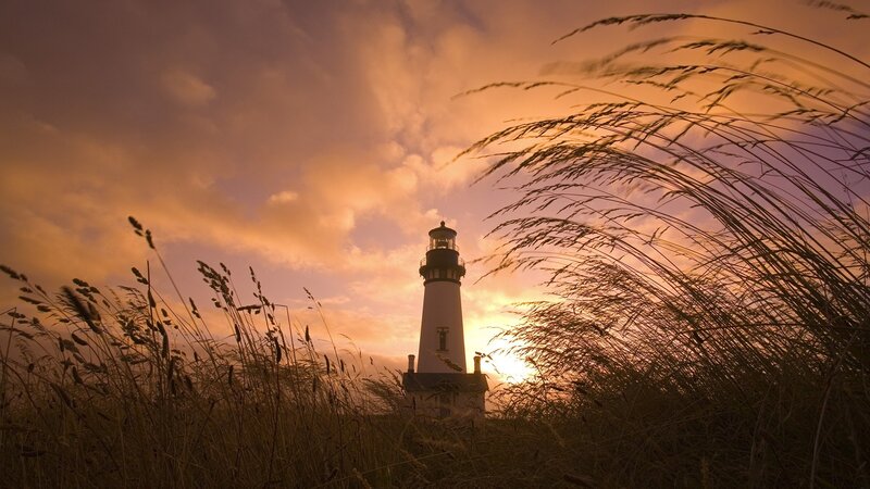 Lighthouse at Sunset — Orange, Dramatic, Photograph, Grass, Sky