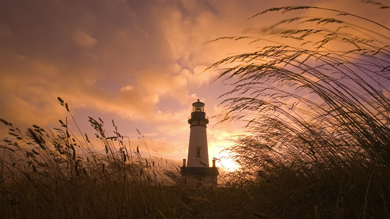 Lighthouse at Sunset — Orange, Dramatic, Photograph, Grass