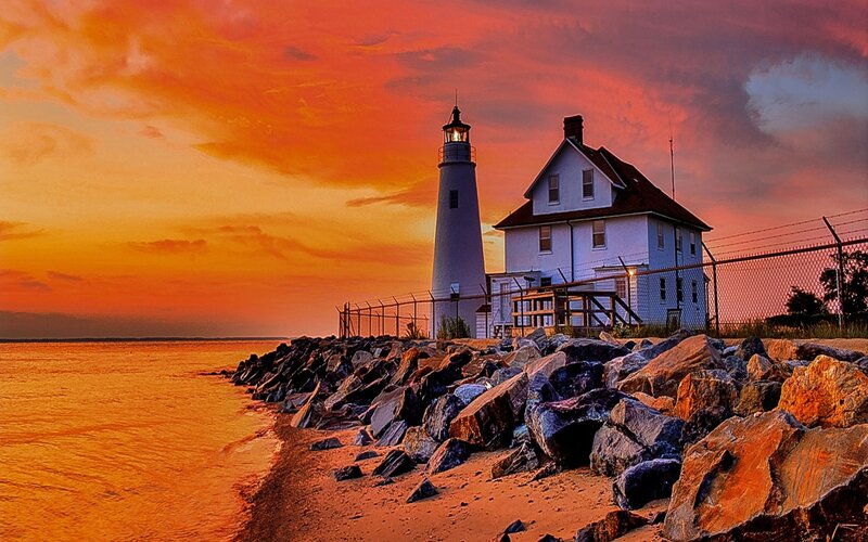 Lighthouse at Sunset — Orange, Dramatic, Photograph, House, Rocks