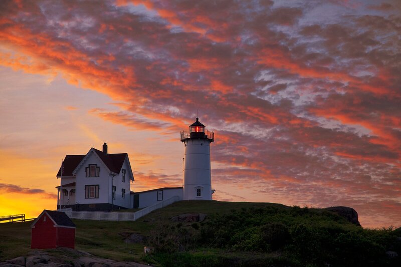 Lighthouse at Sunset — Orange, Dramatic, Photograph, House