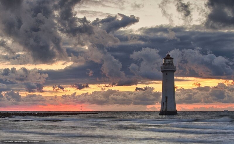 Lighthouse at Sunset — Orange, Dramatic, Photograph, Ocean, Clouds, Pier