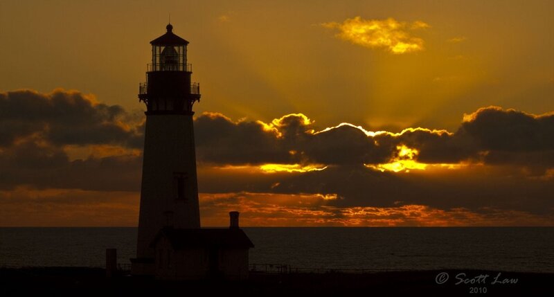 Lighthouse at Sunset — Orange, Dramatic, Photograph, Ocean, Clouds