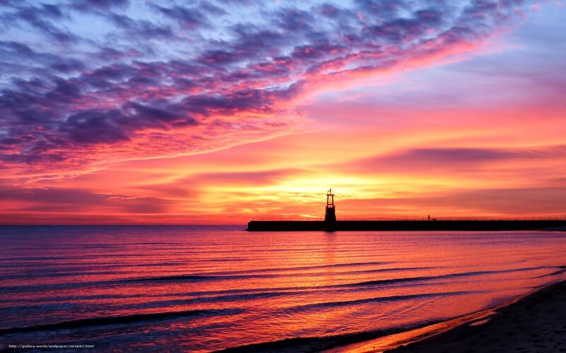 Lighthouse at Sunset — Orange, Dramatic, Photograph, Ocean, Pier, Sky