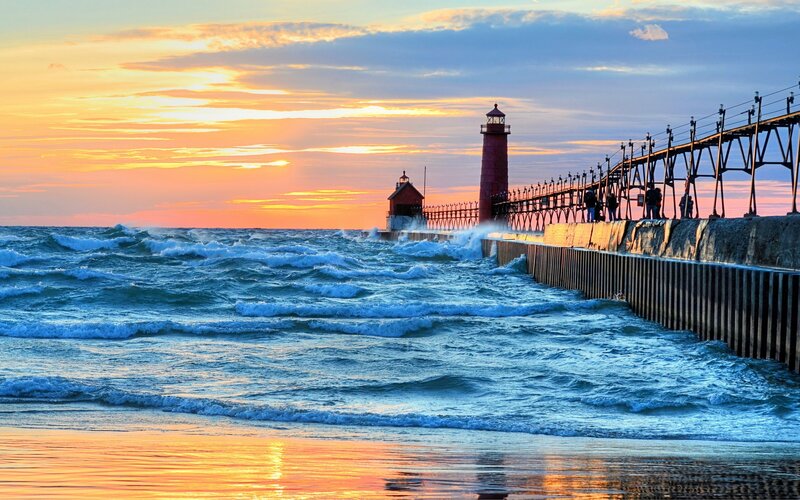 Lighthouse at Sunset — Orange, Dramatic, Photograph, Ocean, Pier