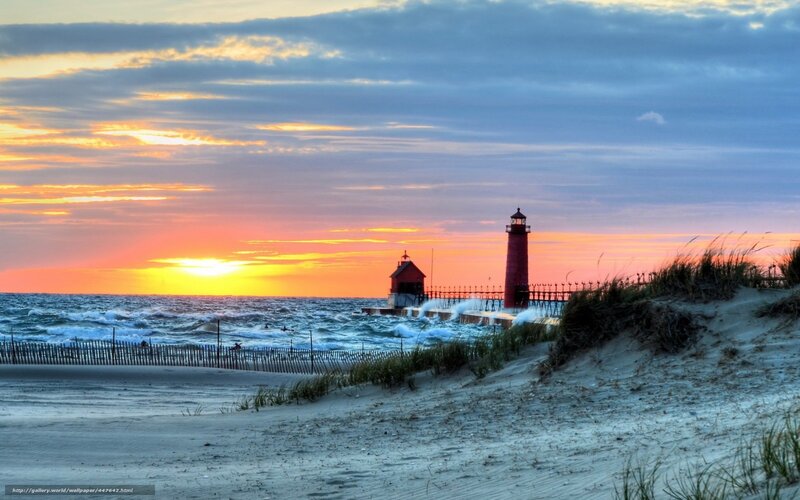 Lighthouse at Sunset — Orange, Dramatic, Photograph, Ocean, Sand Dunes, Sky