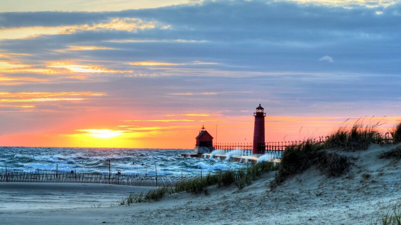 Lighthouse at Sunset — Orange, Dramatic, Photograph, Ocean, Sand Dunes
