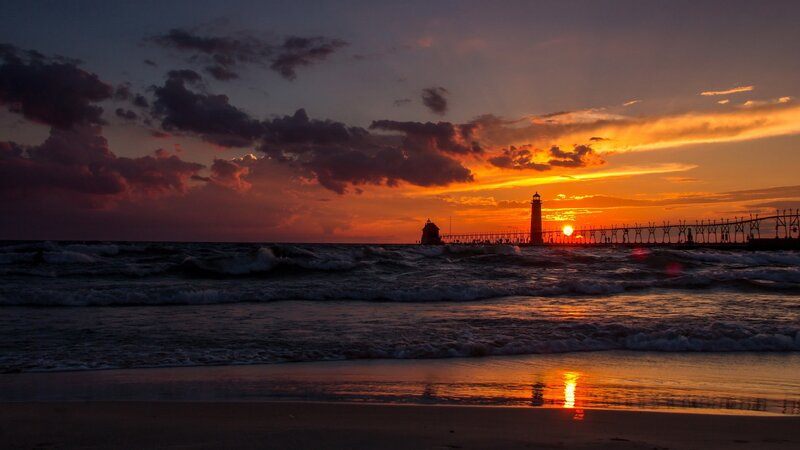 Lighthouse at Sunset — Orange, Dramatic, Photograph, Ocean, Sky, Beach