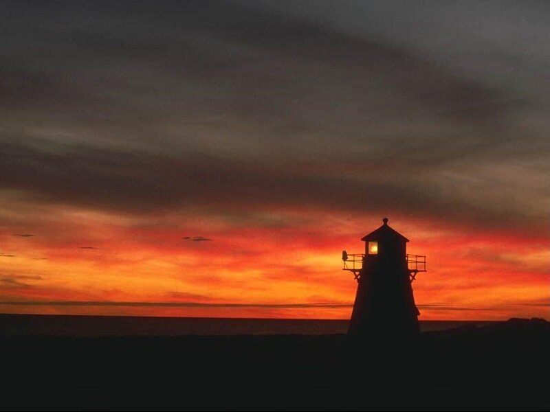 Lighthouse at Sunset — Orange, Dramatic, Photograph, Ocean, Sky, Clouds, Red