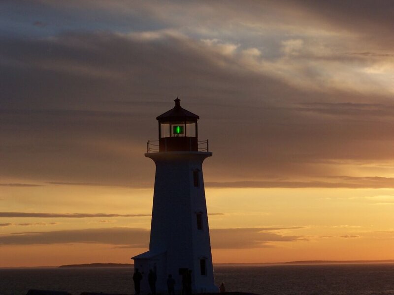 Lighthouse at Sunset — Orange, Dramatic, Photograph, Ocean, Sky, People