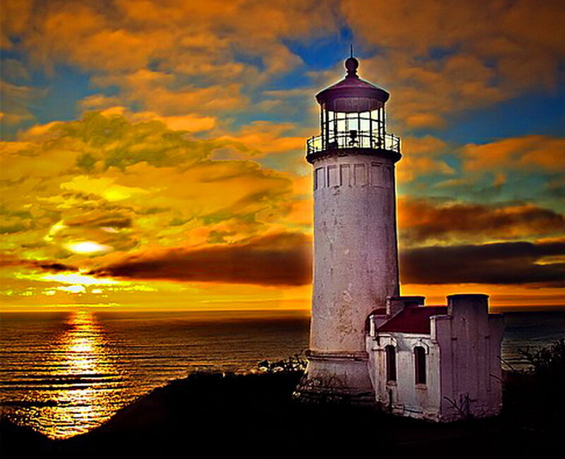 Lighthouse at Sunset — Orange, Dramatic, Photograph, Ocean, Sky
