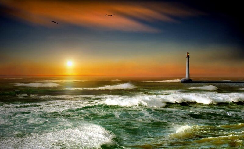 Lighthouse at Sunset — Orange, Dramatic, Photograph, Ocean