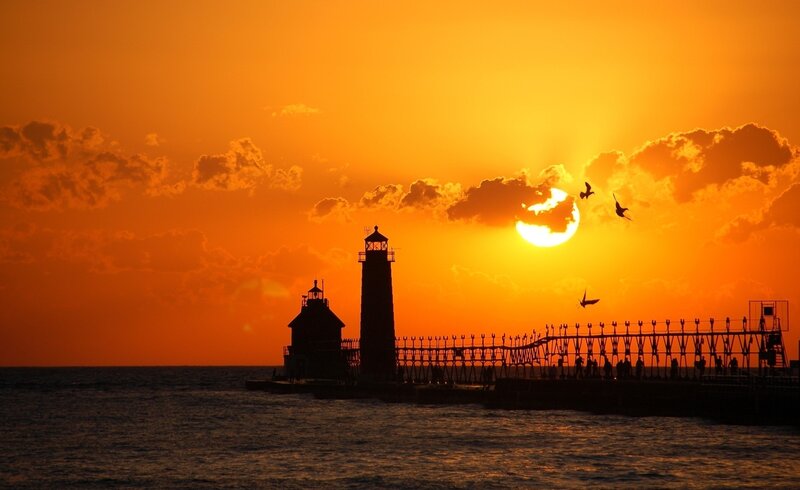 Lighthouse at Sunset — Orange, Dramatic, Photograph, Pier, Birds
