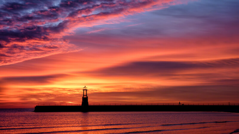 Lighthouse at Sunset — Orange, Dramatic, Photograph, Pier