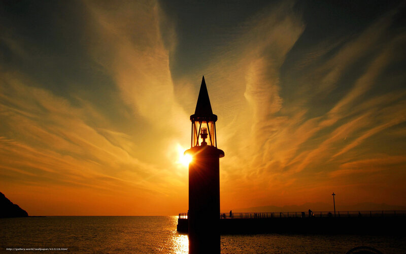 Lighthouse at Sunset — Orange, Dramatic, Photograph, Sea, Sky, Pier