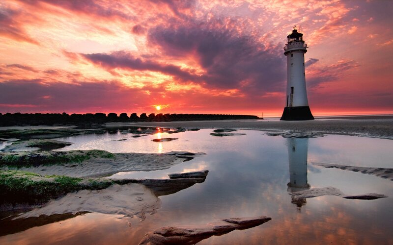 Lighthouse at Sunset — Orange, Dramatic, Photograph, Sea, Sky, Reflection