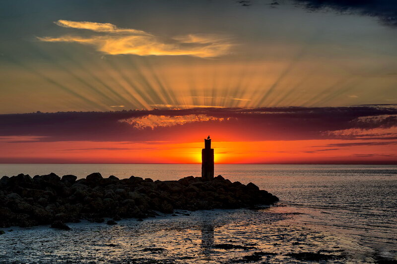 Lighthouse at Sunset — Orange, Dramatic, Photograph, Sea, Sky
