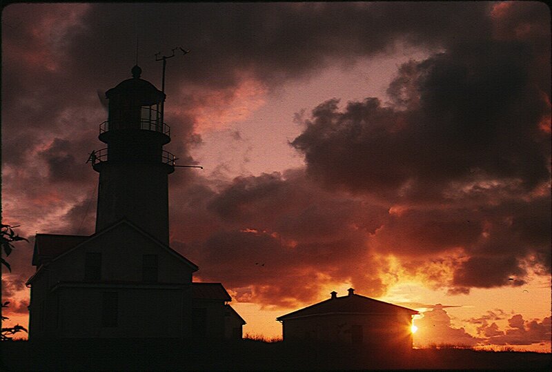 Lighthouse at Sunset — Orange, Dramatic, Photograph, Sky, Clouds