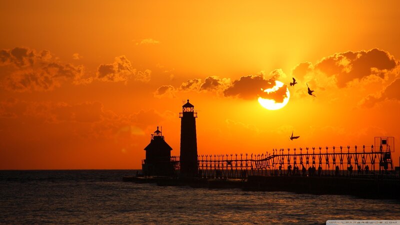 Lighthouse at Sunset — Orange, Dramatic, Photograph, Sun, Birds